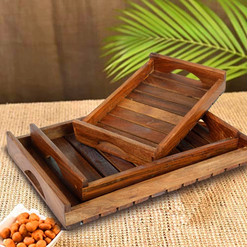 CRAFTARENA Wooden Serving Trays With Handle Set of 3 Large, Medium And Small Serving Trays - For Breakfast, Coffee Table/Butler Serving Trays Multipurpose Bed Serving Trays, Rectangular - Image 4