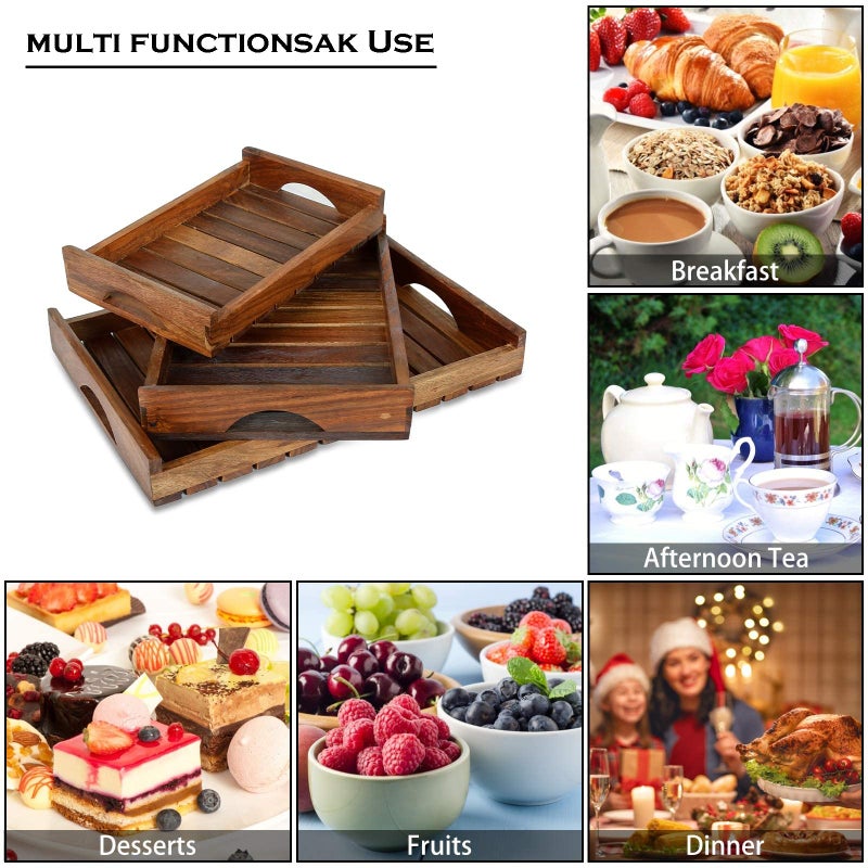 CRAFTARENA Wooden Serving Trays With Handle Set of 3 Large, Medium And Small Serving Trays - For Breakfast, Coffee Table/Butler Serving Trays Multipurpose Bed Serving Trays, Rectangular - Image 2