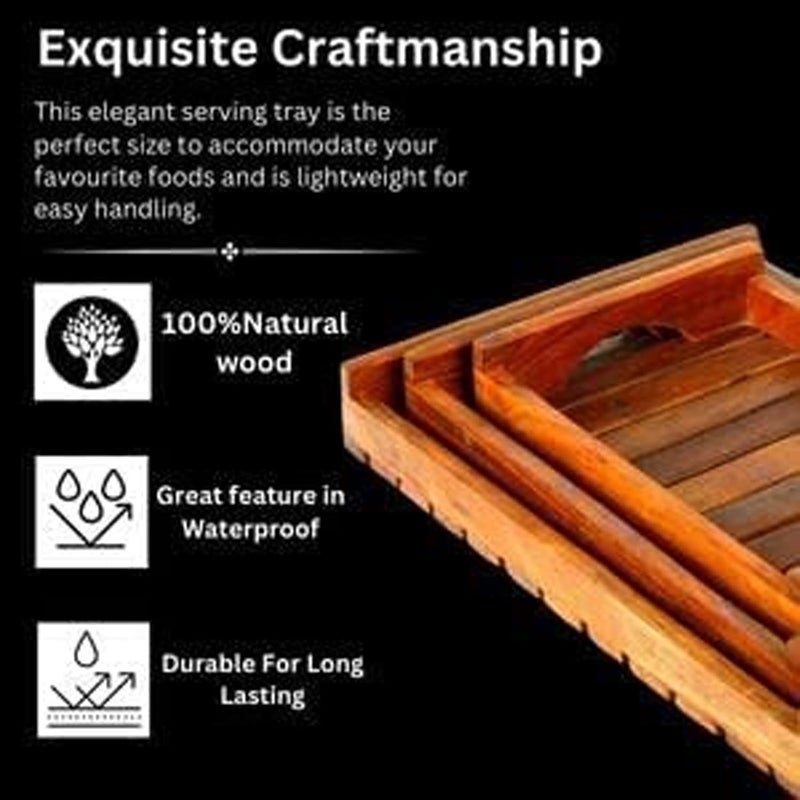 CRAFTARENA Wooden Serving Trays With Handle Set of 3 Large, Medium And Small Serving Trays - For Breakfast, Coffee Table/Butler Serving Trays Multipurpose Bed Serving Trays, Rectangular - Image 5