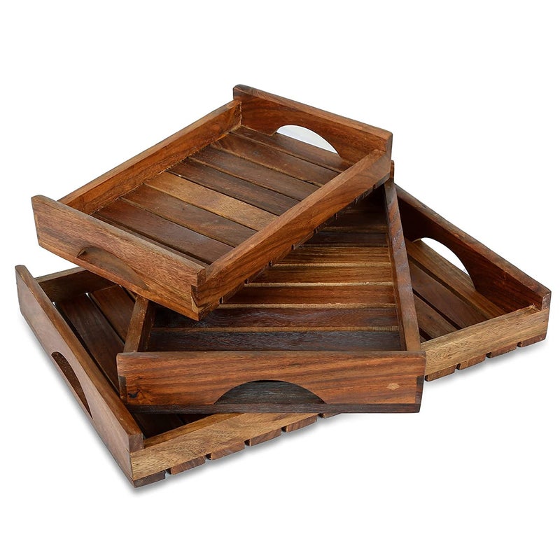 CRAFTARENA Wooden Serving Trays With Handle Set of 3 Large, Medium And Small Serving Trays - For Breakfast, Coffee Table/Butler Serving Trays Multipurpose Bed Serving Trays, Rectangular - Image 1