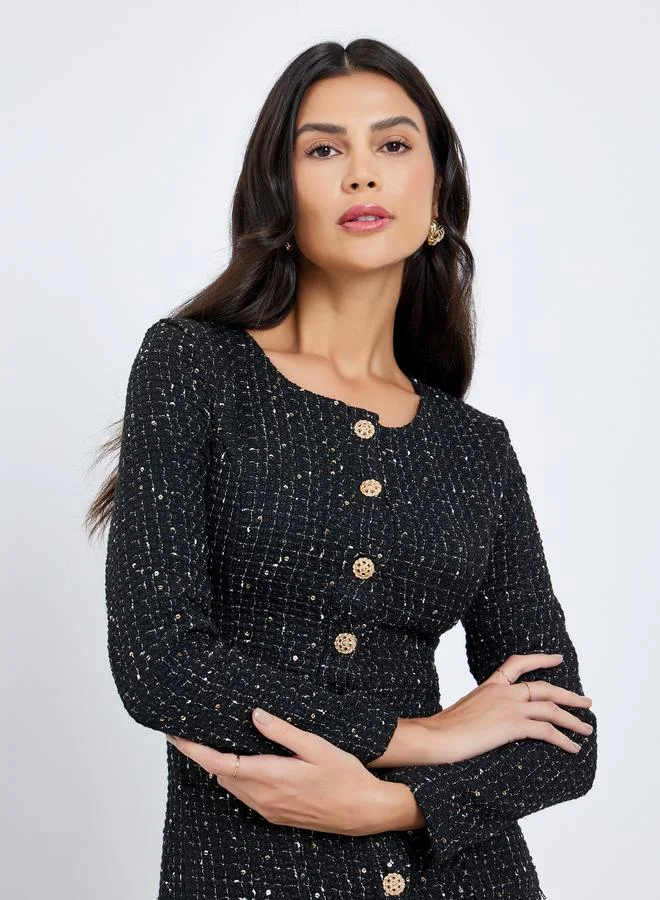 Styli Styli Black Tweed Look Buttoned Midi Dress