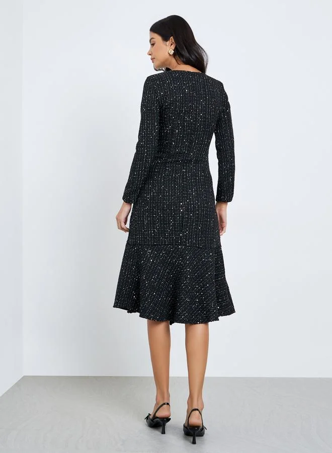 Styli Styli Black Tweed Look Buttoned Midi Dress