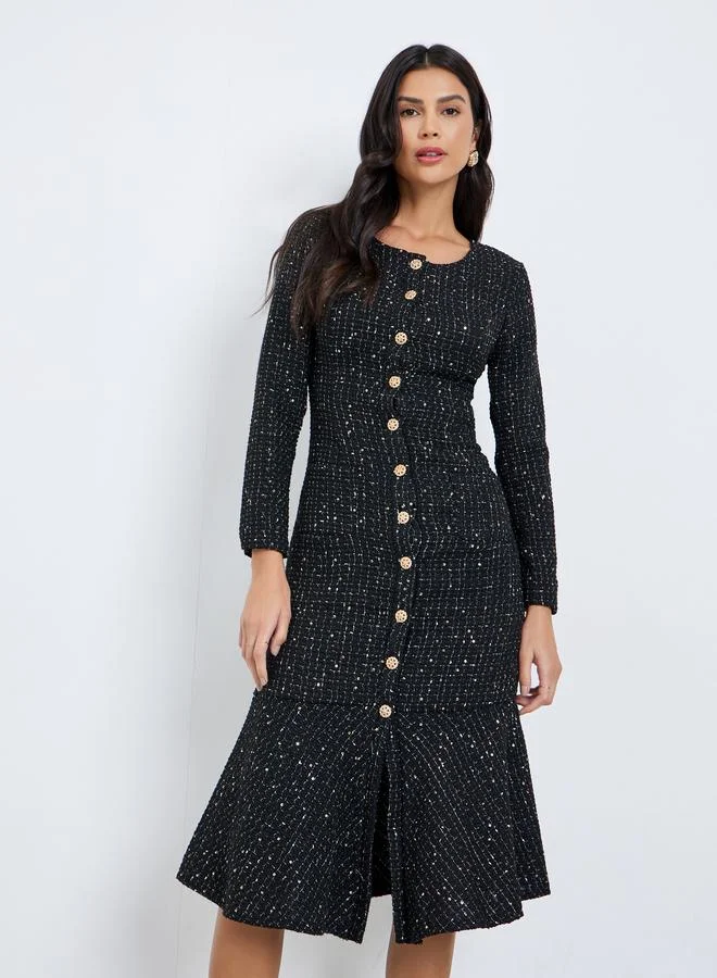 Styli Styli Black Tweed Look Buttoned Midi Dress