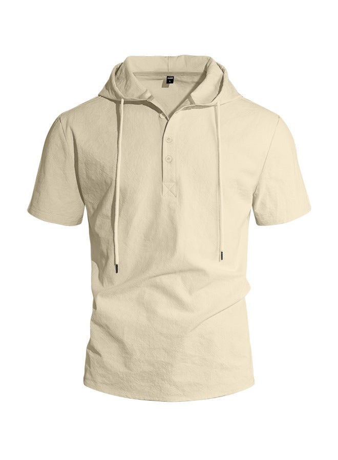 New Men's Wear Linen Short Sleeve Beach Casual Hooded Shirt Short Sleeve Solid Color Shirt T-shirt