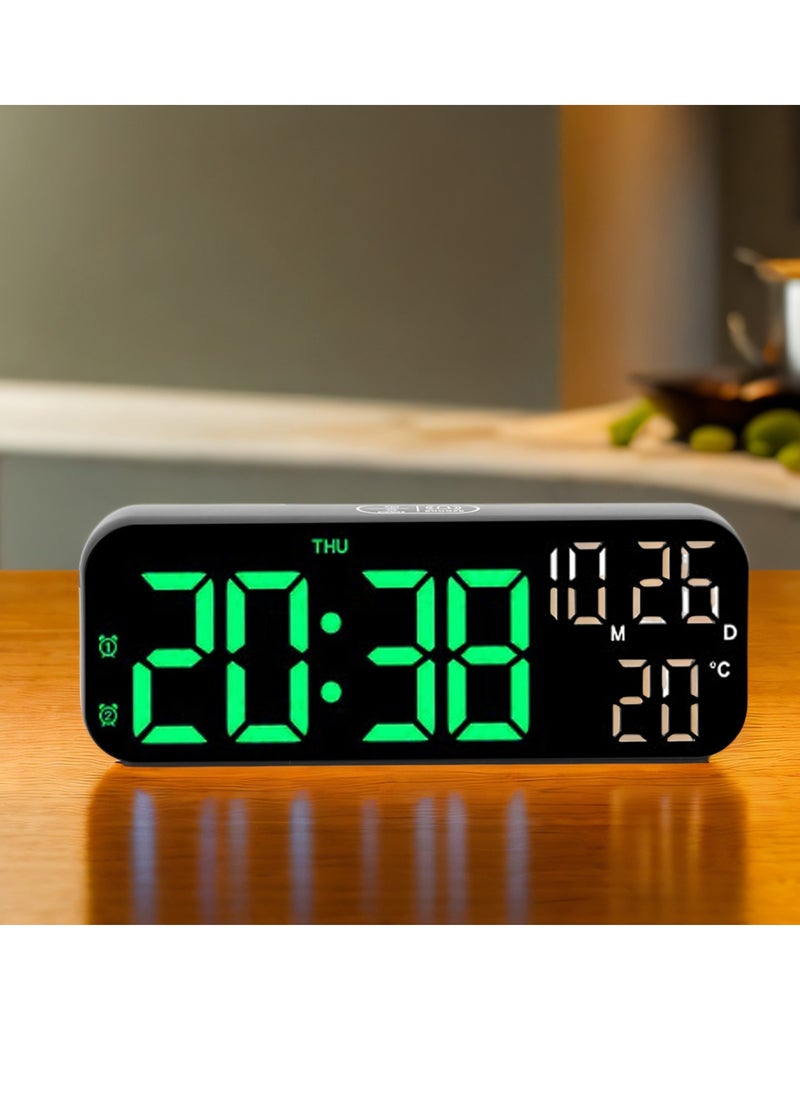 Velaurs - Digital clock dual display voice control 3 adjustable brightness date temperature display countdown LED electronic alarm clock black and green light - Image 1
