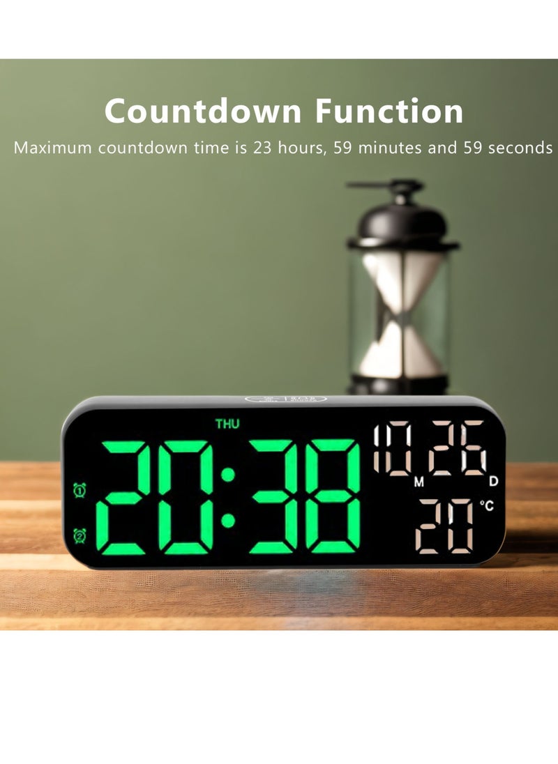 Velaurs - Digital clock dual display voice control 3 adjustable brightness date temperature display countdown LED electronic alarm clock black and green light - Image 1