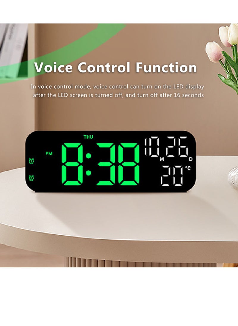 Velaurs - Digital clock dual display voice control 3 adjustable brightness date temperature display countdown LED electronic alarm clock black and green light - Image 1