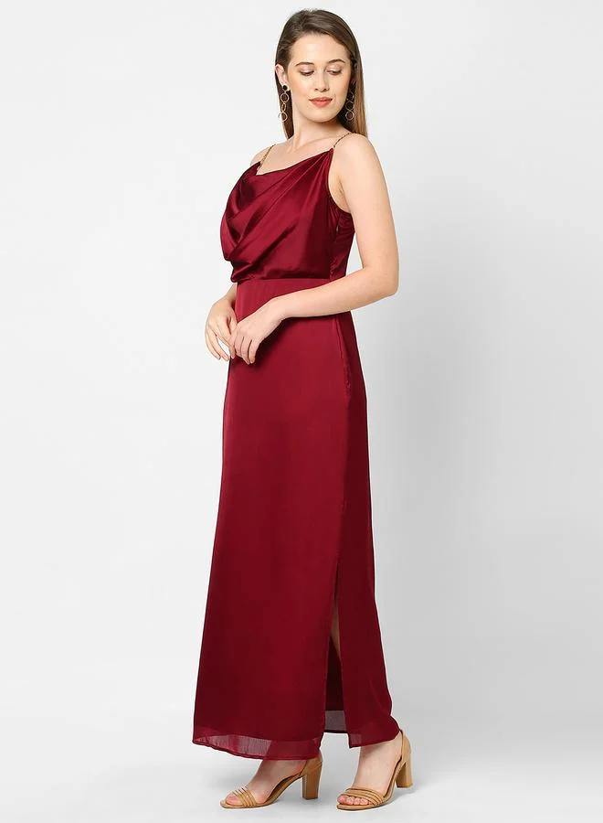 Mish Maroon Chain Strap Maxi Dress with Cowl Neck