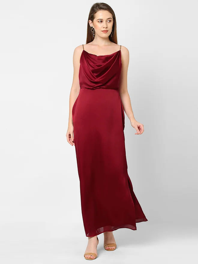 Maroon Chain Strap Maxi Dress with Cowl Neck