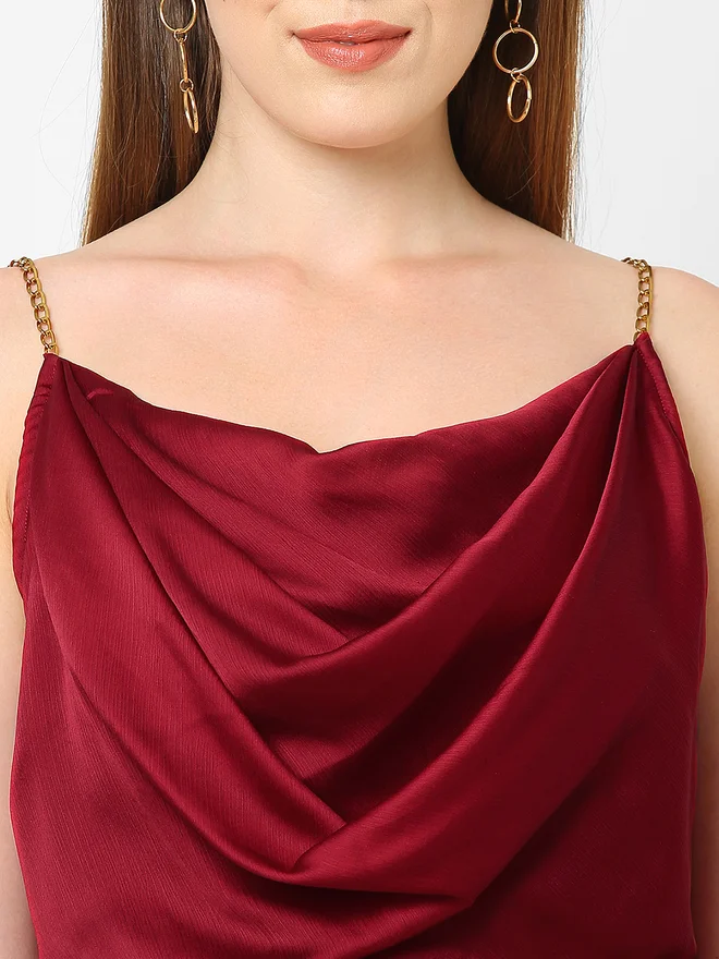 Mish Maroon Chain Strap Maxi Dress with Cowl Neck
