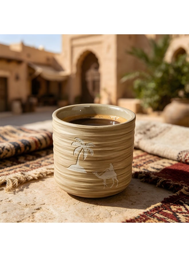 150ml Desert Camel & Palm Tree Pattern Ceramic Tea Cup, Ribbed Texture Arabic Coffee Mug, 7.2x7.8cm Heat Resistant Drinkware for Home & Office - Image 1