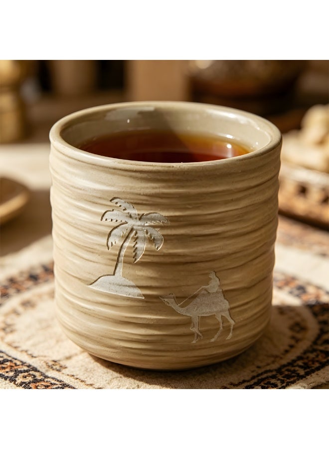 150ml Desert Camel & Palm Tree Pattern Ceramic Tea Cup, Ribbed Texture Arabic Coffee Mug, 7.2x7.8cm Heat Resistant Drinkware for Home & Office - Image 3