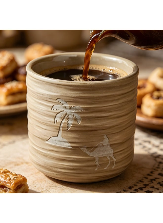 150ml Desert Camel & Palm Tree Pattern Ceramic Tea Cup, Ribbed Texture Arabic Coffee Mug, 7.2x7.8cm Heat Resistant Drinkware for Home & Office - Image 2