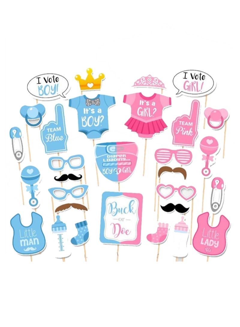 30 Pcs Baby Photo Booth Props Gender Reveal Party Boy or Girl Shower Birthday Party - Image 1