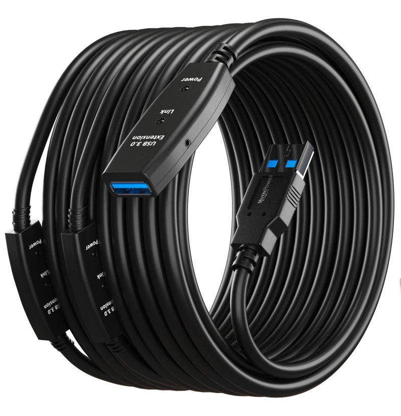 MutecPower 65 Feet Active USB Extension Cable 3.0 Male to Female with 3 Extension chipsets Signal Booster - Active Extension/Repeater Cord 20 Meters / 65 Feet (AC Power Supply Included) - Image 1