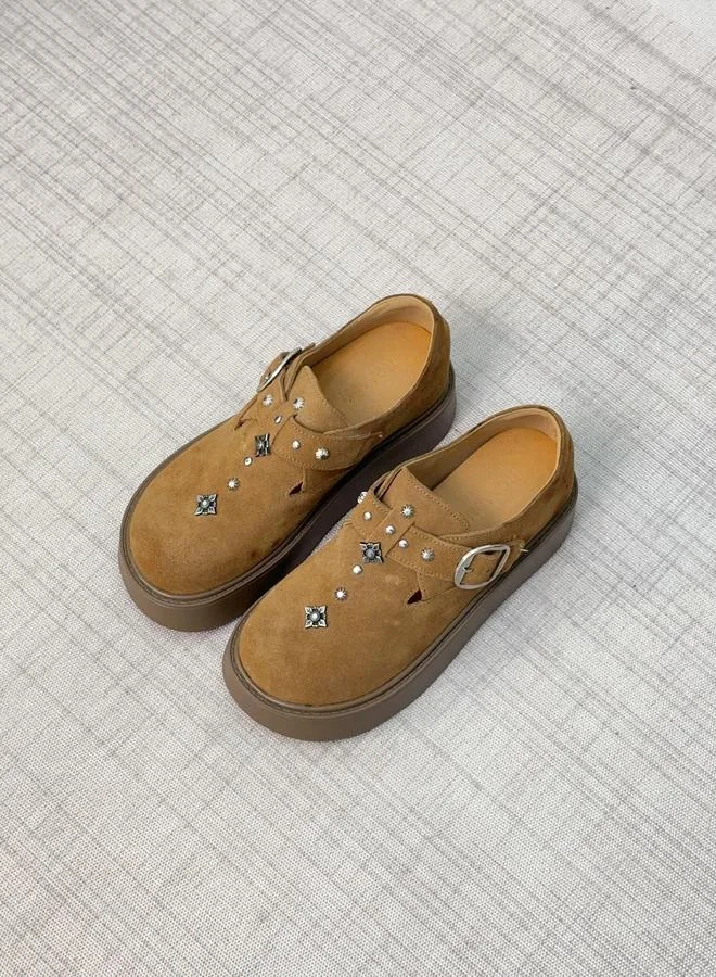 Take Two Women Tan Embellished Suede Loafers