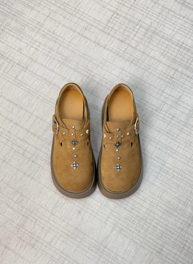 Take Two Women Tan Embellished Suede Loafers