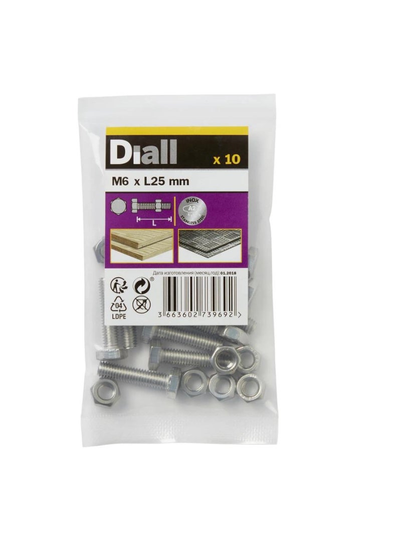 ACE Stainless Steel Hex Nut And Bolt Pack M6 X 25 Mm 10 Piece