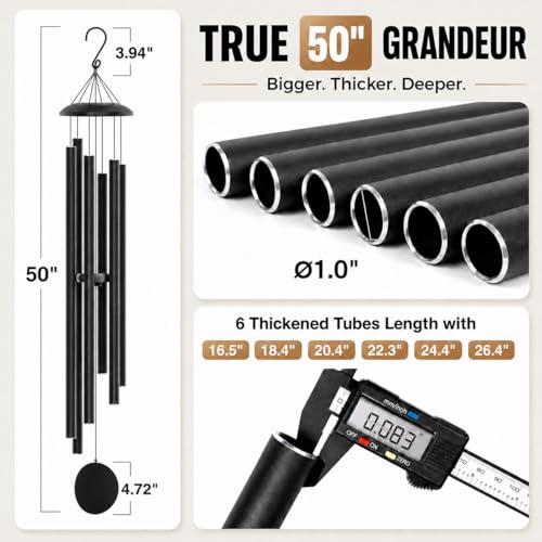 FSVGYY 50" Extra Large Wind Chimes for Outside Deep Tone, 6 Extra-Thick Aluminum Tubes for Lasting Resonance, Big Outdoor Wind Chime for Garden Patio Decor, Relaxing Gift for Mom Dad Men Neighbors, Black - Image 2