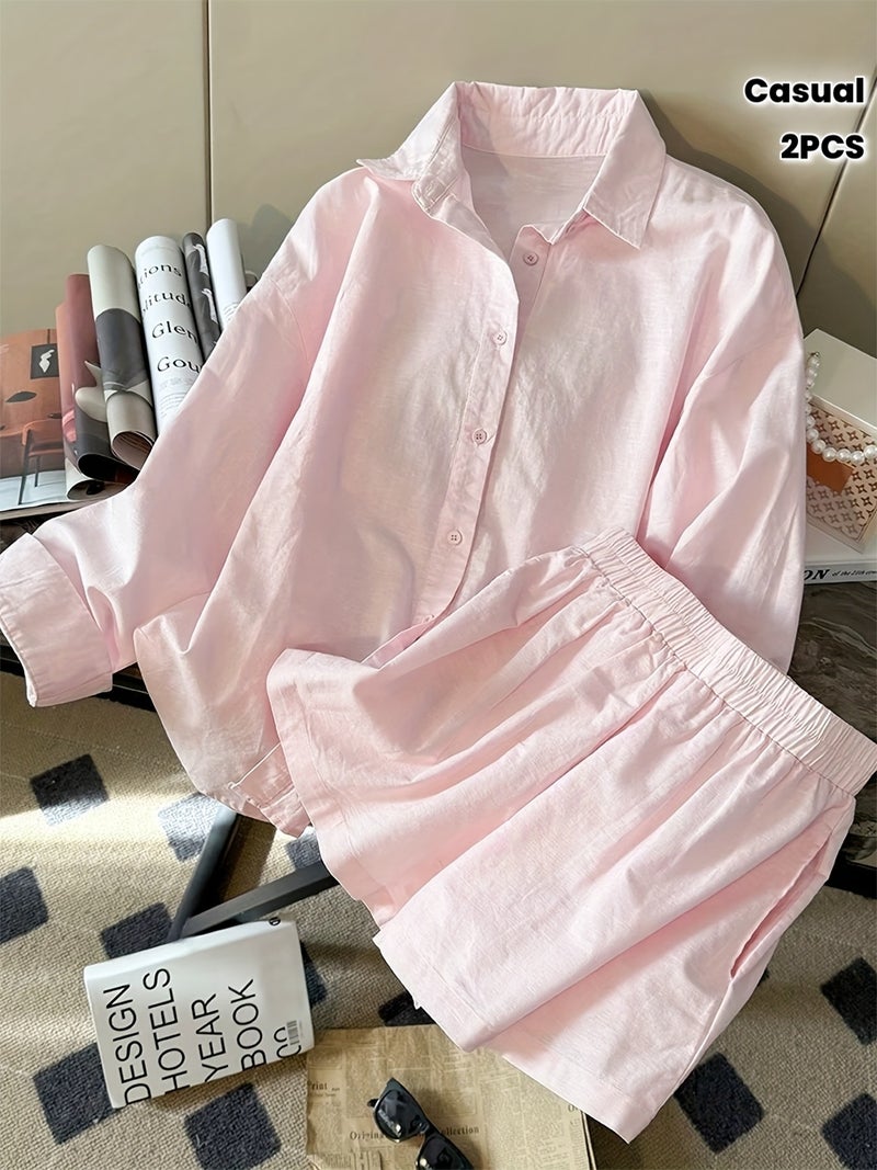 2pcs Women's Casual Simple and Stylish Loose Long-Sleeve Top and Shorts Set - Image 2
