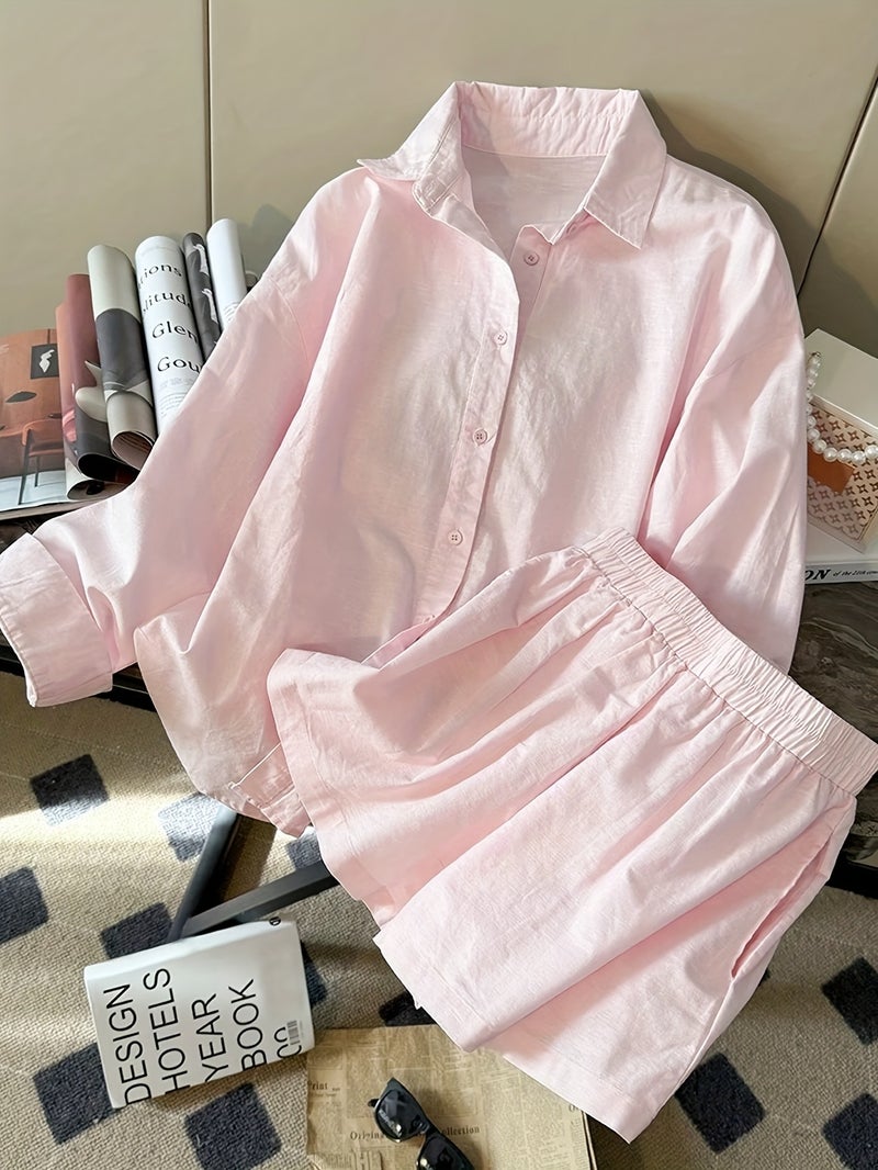 2pcs Women's Casual Simple and Stylish Loose Long-Sleeve Top and Shorts Set - Image 3