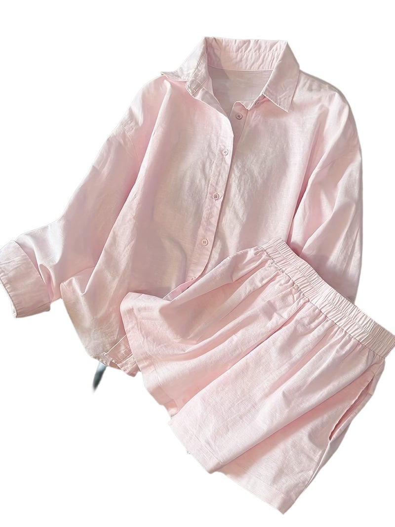 2pcs Women's Casual Simple and Stylish Loose Long-Sleeve Top and Shorts Set - Image 1