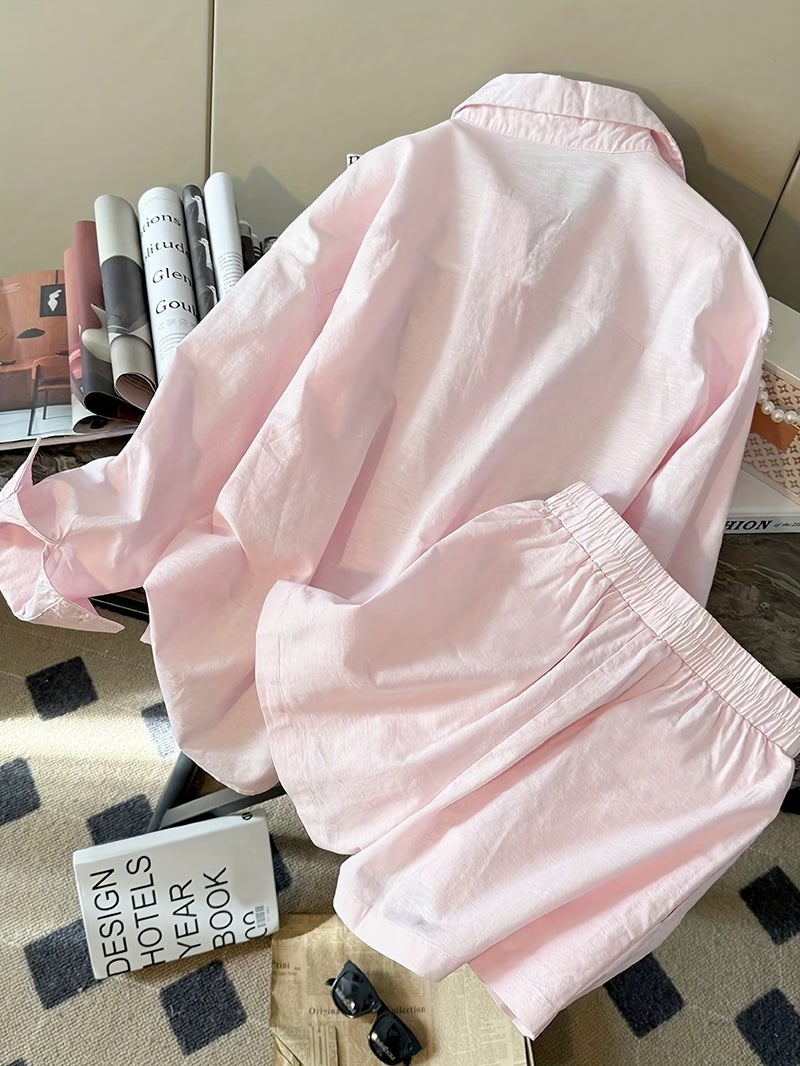 2pcs Women's Casual Simple and Stylish Loose Long-Sleeve Top and Shorts Set - Image 4