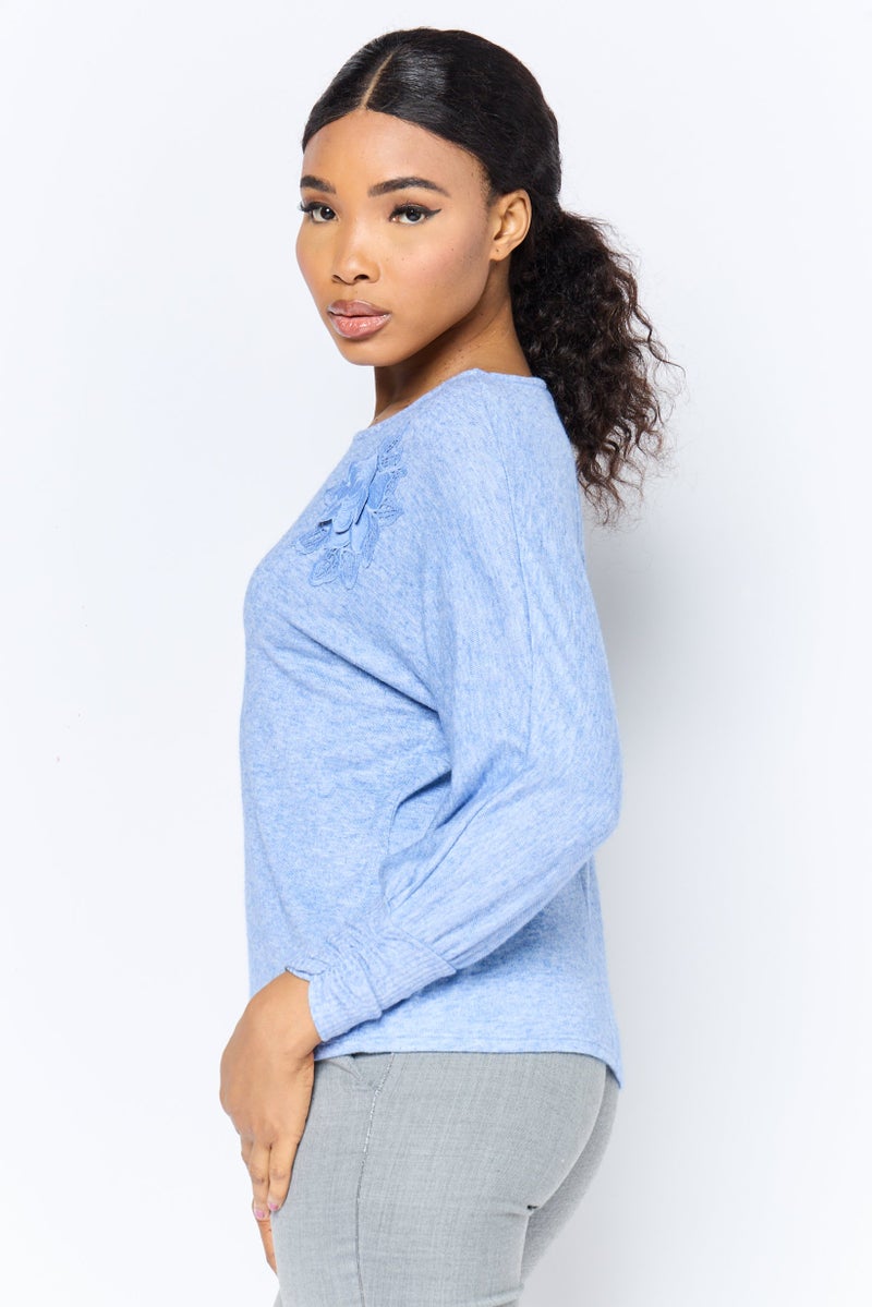 ADRIENNE VITTADINI Women Round Neck Long Sleeves Heather Top, Blue - Image 2