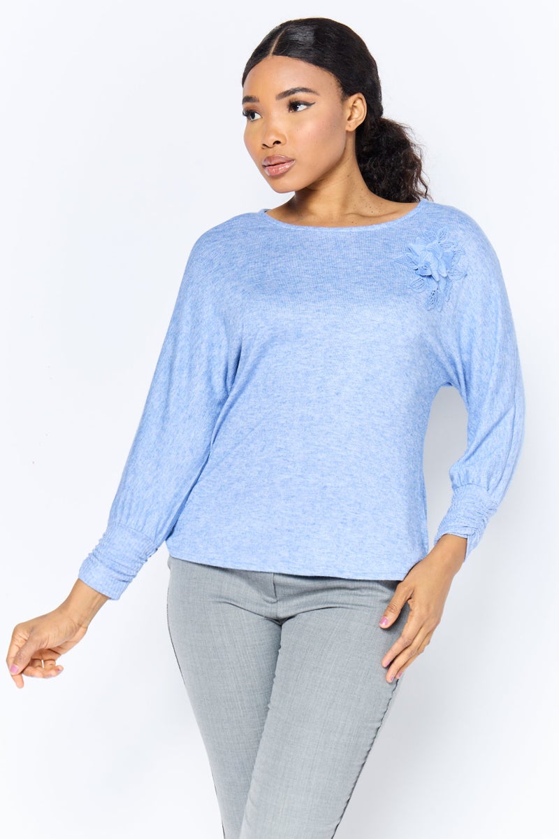 ADRIENNE VITTADINI Women Round Neck Long Sleeves Heather Top, Blue - Image 1