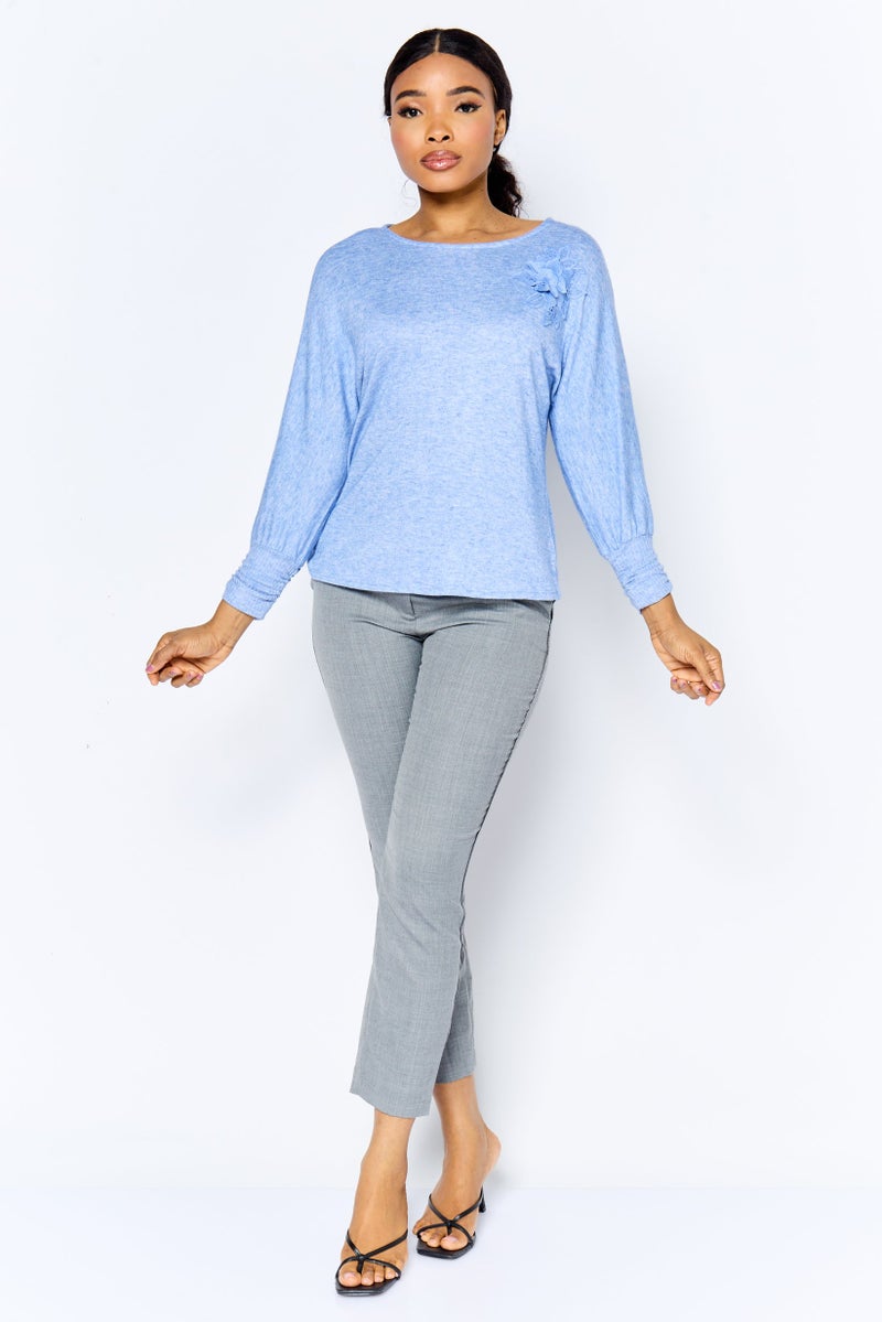 ADRIENNE VITTADINI Women Round Neck Long Sleeves Heather Top, Blue - Image 3