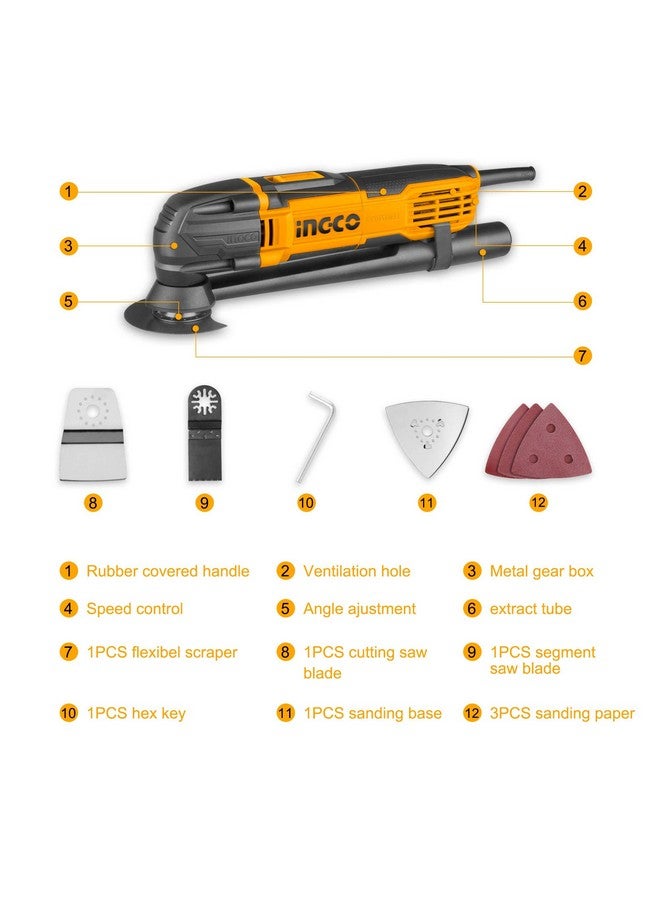 INGCO Oscillating Multi Tool, 300W, 6 Speed Control, 20000rpm, Angle Ajustment, Multi Oscillating DIY Tool Kit, Multi-Tool Kit with 8 pcs Accessories for Sanding, Grinding, Scratching, Polishing - Image 3