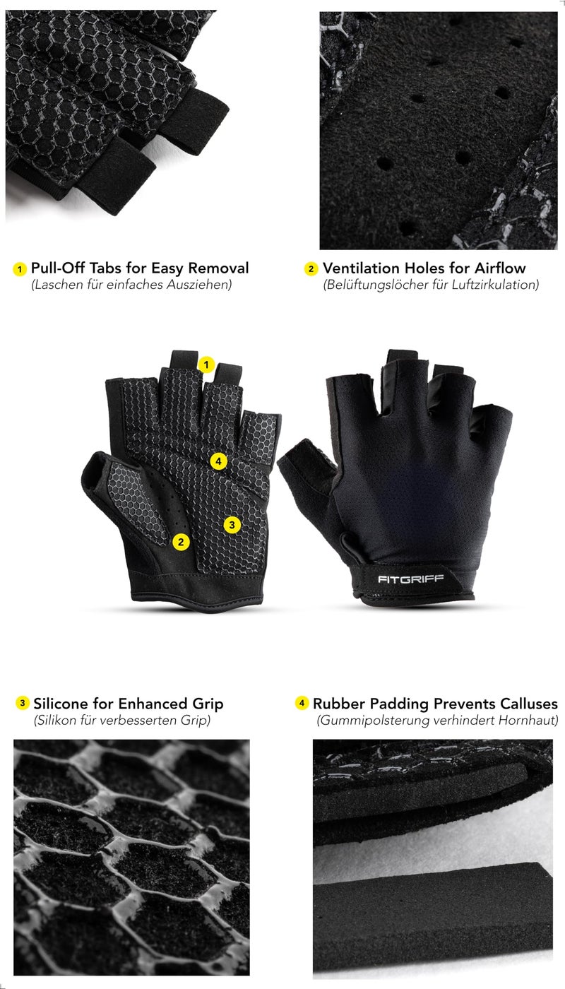 FitgriffÂ® Workout Gloves (Padded) for Men & Women - Fingerless Gym Gloves for Weight Lifting, Training - Full Palm Protection (Black, Size 8) - Image 3