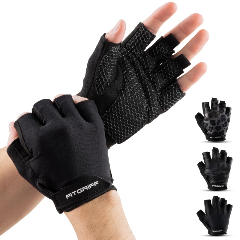 FitgriffÂ® Workout Gloves (Padded) for Men & Women - Fingerless Gym Gloves for Weight Lifting, Training - Full Palm Protection (Black, Size 8) - Image 1