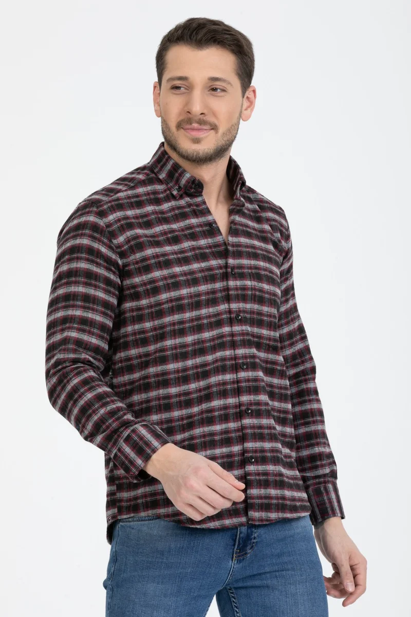 فاريتا Men's Black Claret Red Long Sleeve Pocket Checked Winter Shirt