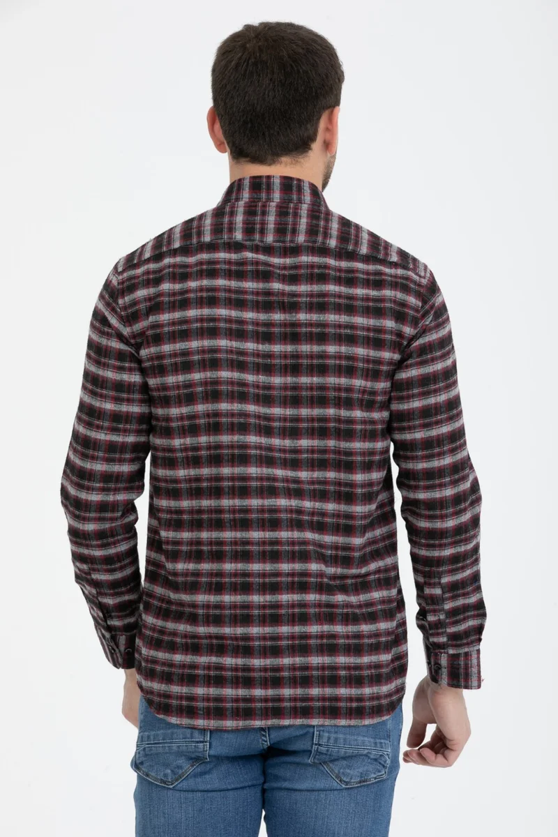 فاريتا Men's Black Claret Red Long Sleeve Pocket Checked Winter Shirt