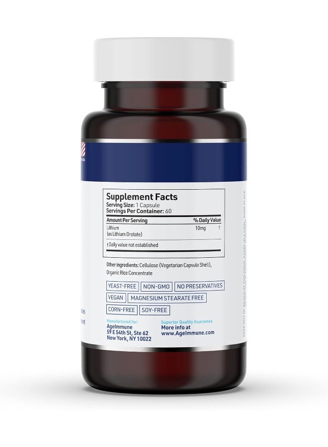 AgeImmune Lithium Orotate Supplement 10mg, 60 Vegetarian Capsules - Image 2