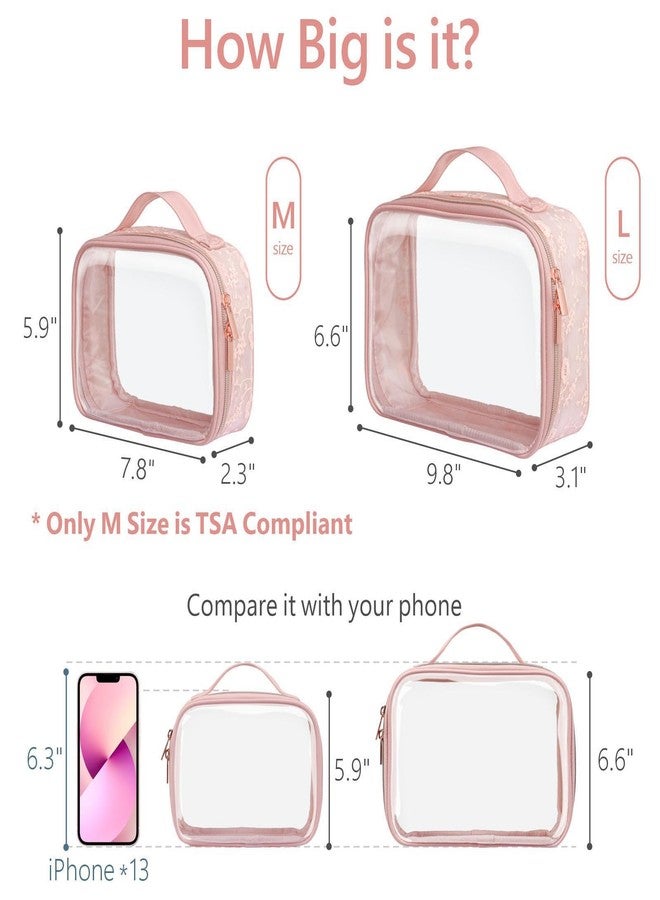 PACKISM Floral Texture Lace TSA Approved Toiletry Bag - 180° Large Opening Clear Makeup Bags in 2 Size, Clear Bags for Travel with Handle, 0.5 mm Thick Non-deformable No Smell, Pink - Image 2