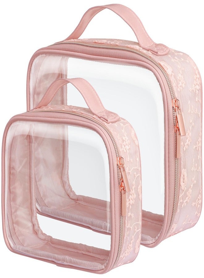 PACKISM Floral Texture Lace TSA Approved Toiletry Bag - 180° Large Opening Clear Makeup Bags in 2 Size, Clear Bags for Travel with Handle, 0.5 mm Thick Non-deformable No Smell, Pink - Image 1