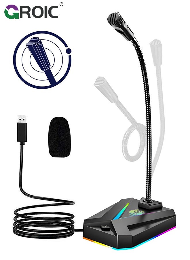 GROIC - USB Desktop Microphone with Switch Button & RGB Lights, Plug & Play PC Computer Gaming Mic Omnidirectional Condenser for Mac PS4 Laptop Chromebook Recording Chatting Podcasting YouTube Streaming - Image 1