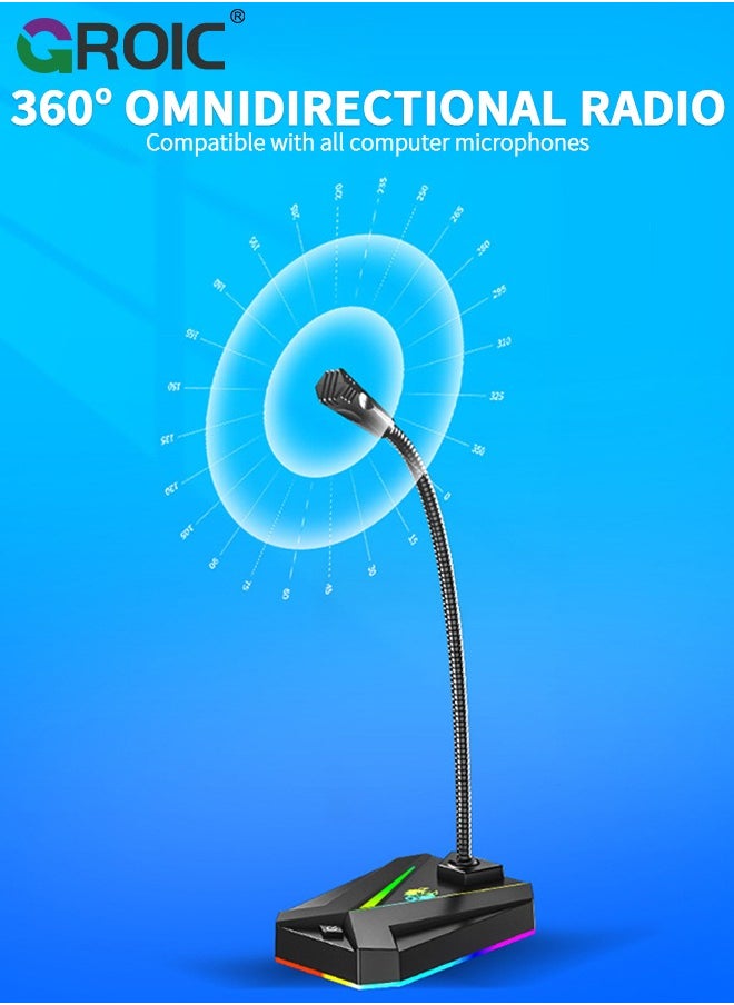 GROIC - USB Desktop Microphone with Switch Button & RGB Lights, Plug & Play PC Computer Gaming Mic Omnidirectional Condenser for Mac PS4 Laptop Chromebook Recording Chatting Podcasting YouTube Streaming - Image 1