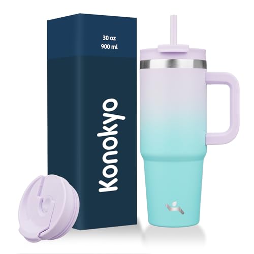 Konokyo 30 oz Tumbler with Handle and 2 Straws,2 in 1 Lid Insulated Water Bottle Stainless Steel Travel Coffee Mug,Lavender Green - Image 1