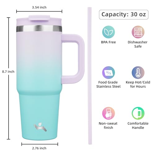 Konokyo 30 oz Tumbler with Handle and 2 Straws,2 in 1 Lid Insulated Water Bottle Stainless Steel Travel Coffee Mug,Lavender Green - Image 4