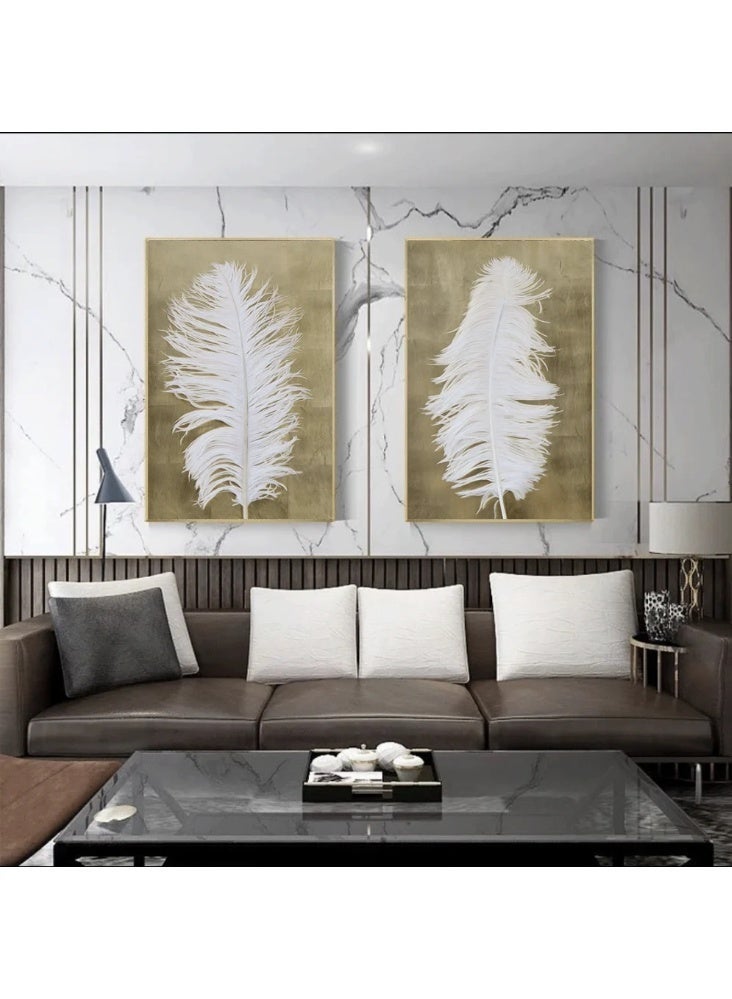 Modern White Feather Wall Art Set with Gold Background - 2 Pieces - Image 2