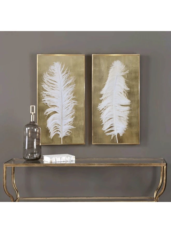 Modern White Feather Wall Art Set with Gold Background - 2 Pieces - Image 1