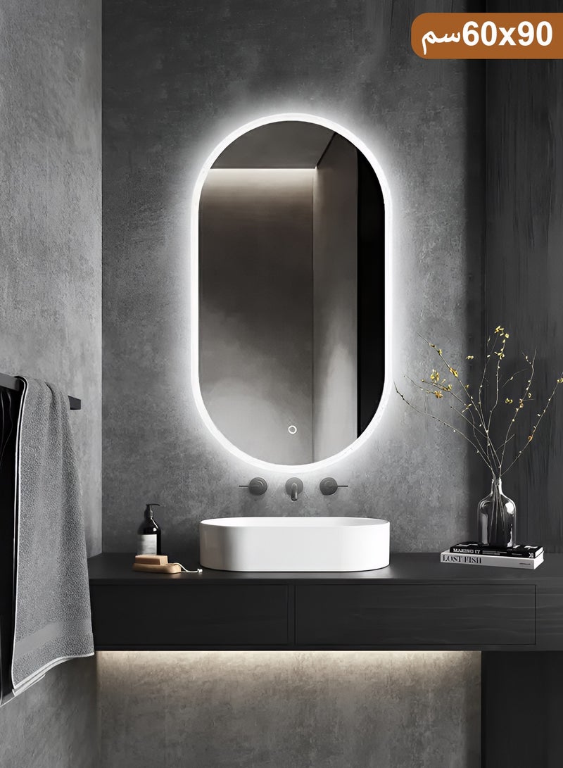 Taimi Oval Wall Mirror LED Touch Light with 3 Colors Adjustable Lighting, Bathroom, Bedroom, Vanity Mirror - 90x70cm - Image 2