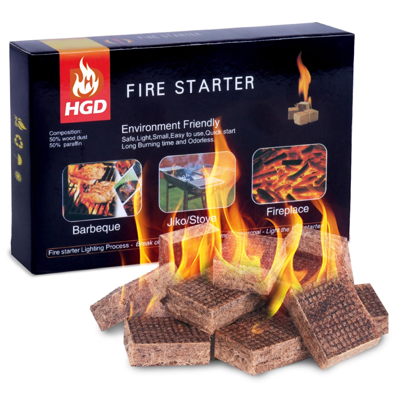HGD Fire Starter, Mini Natural Fire Starters for Campfires, BBQ Grill, Charcoal Chimney, Outdoor Pit, Indoor Fireplace, Wood Stove - Water Resistant Firestarter Sticks - Camping Accessories Essentials