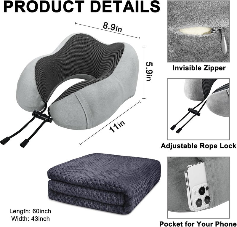 urnexttour Travel Pillow and Blanket Set Neck Pillows Soft Blankets with Sleep Mask Travel Essentials for Airplane Car Memory Foam Grey - Image 4