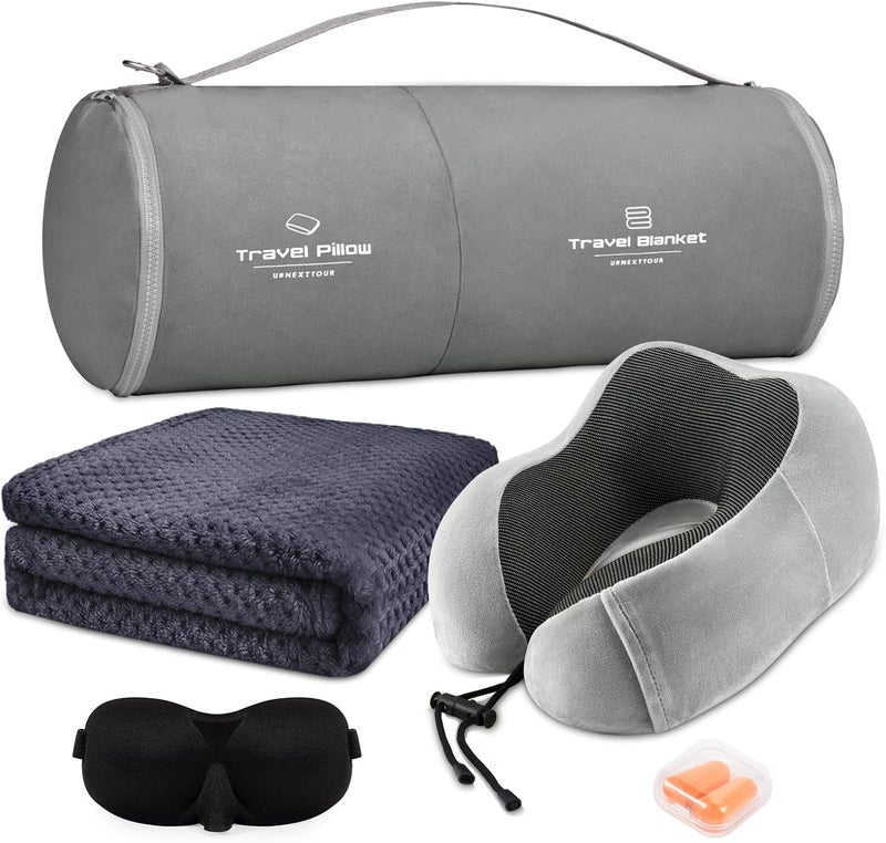 urnexttour Travel Pillow and Blanket Set Neck Pillows Soft Blankets with Sleep Mask Travel Essentials for Airplane Car Memory Foam Grey - Image 1