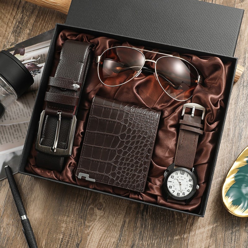 Mens Business Gift Set Watch Wallet Belt Sunglasses 4pcs Brown White Disc Watch suit 