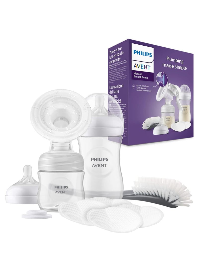 Avent Philips Avent Hand Breast Pump Gift Set - Single Breast Pump, Baby Flats of 260ml and 125ml, BPA Free, 4 Disposable Nursing Pads, Polypropylene, Transparent - Image 1
